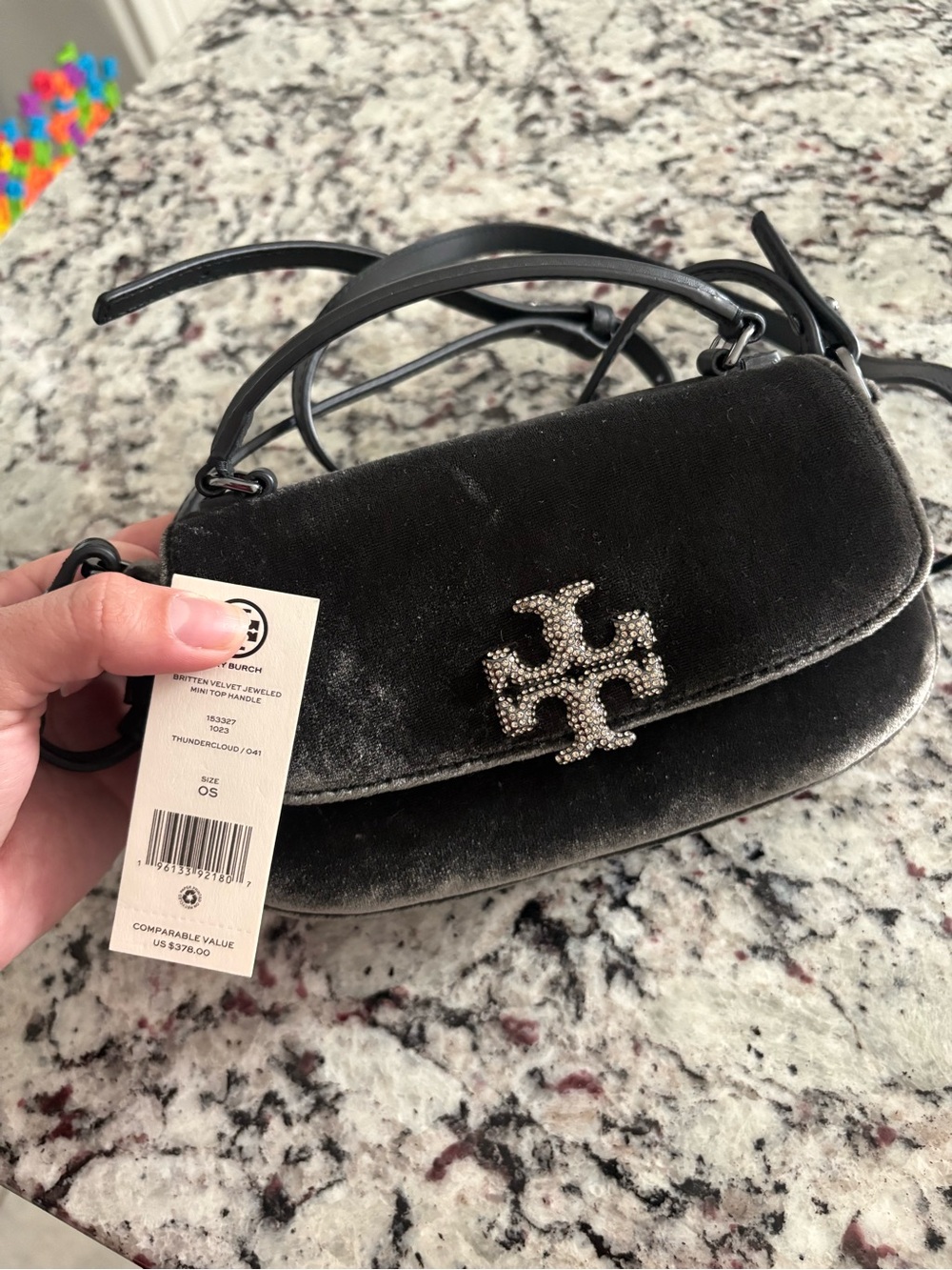 Tory Burch Black Velvet Mini Bag with Crystal Logo